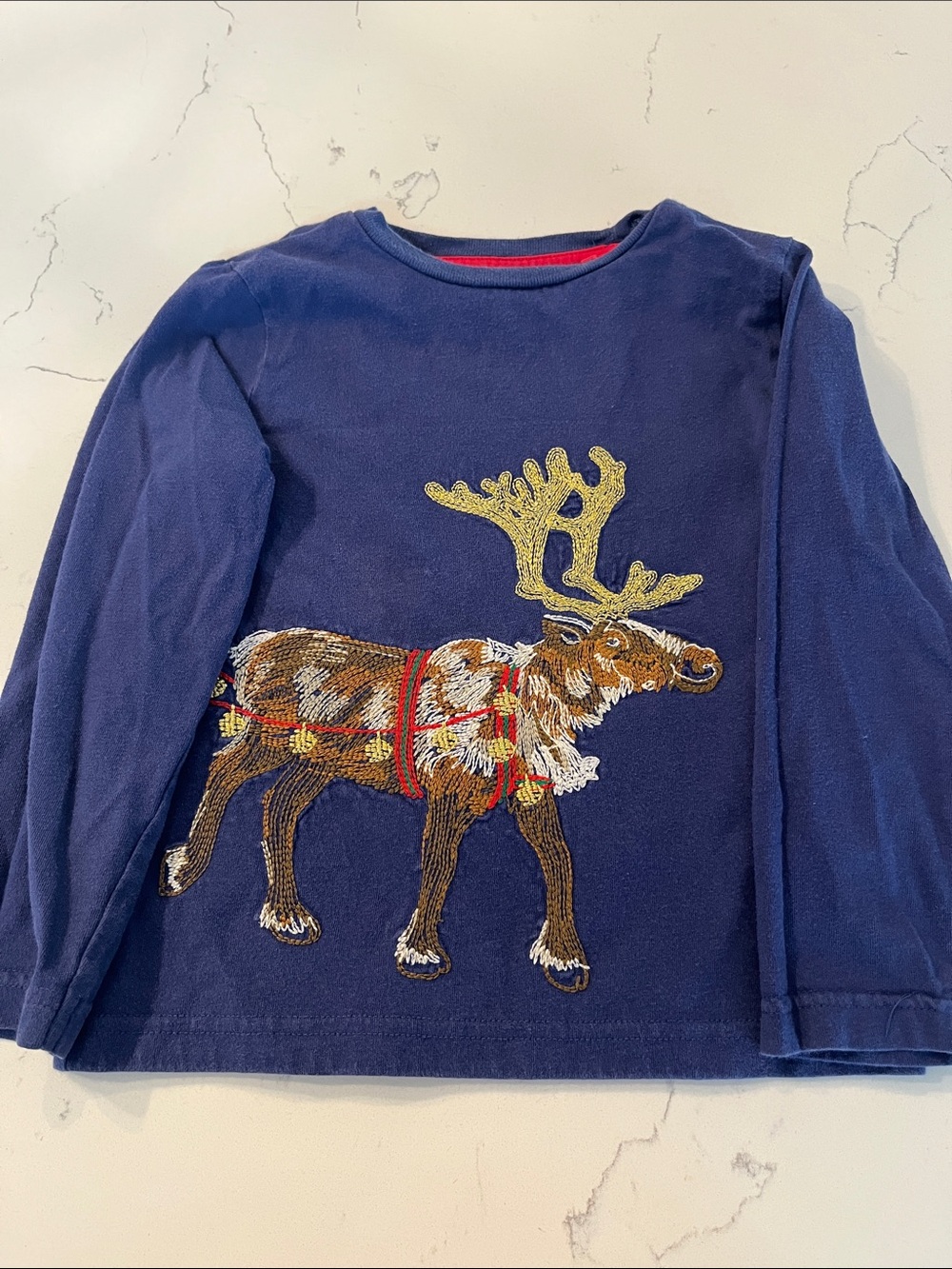 Mini Boden Navy Long-Sleeve Tee with Embroidered Reindeer